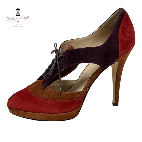 BARNEYS New York Suede Leather Colorblock Lace Up Peep Toe Heels Pumps 8.5 - Picture 7 of 16